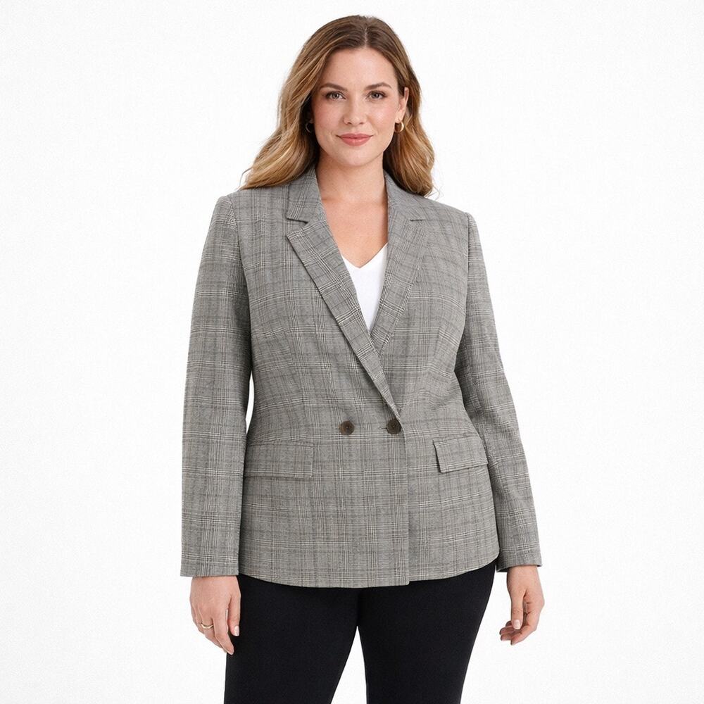 Ann Taylor Blazer Women Size 14 Gray Glen Plaid Career Jacket Stretch Lined